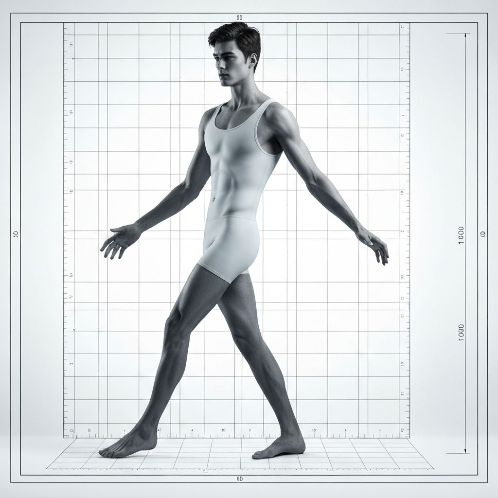 Person in neutral pose against grid background